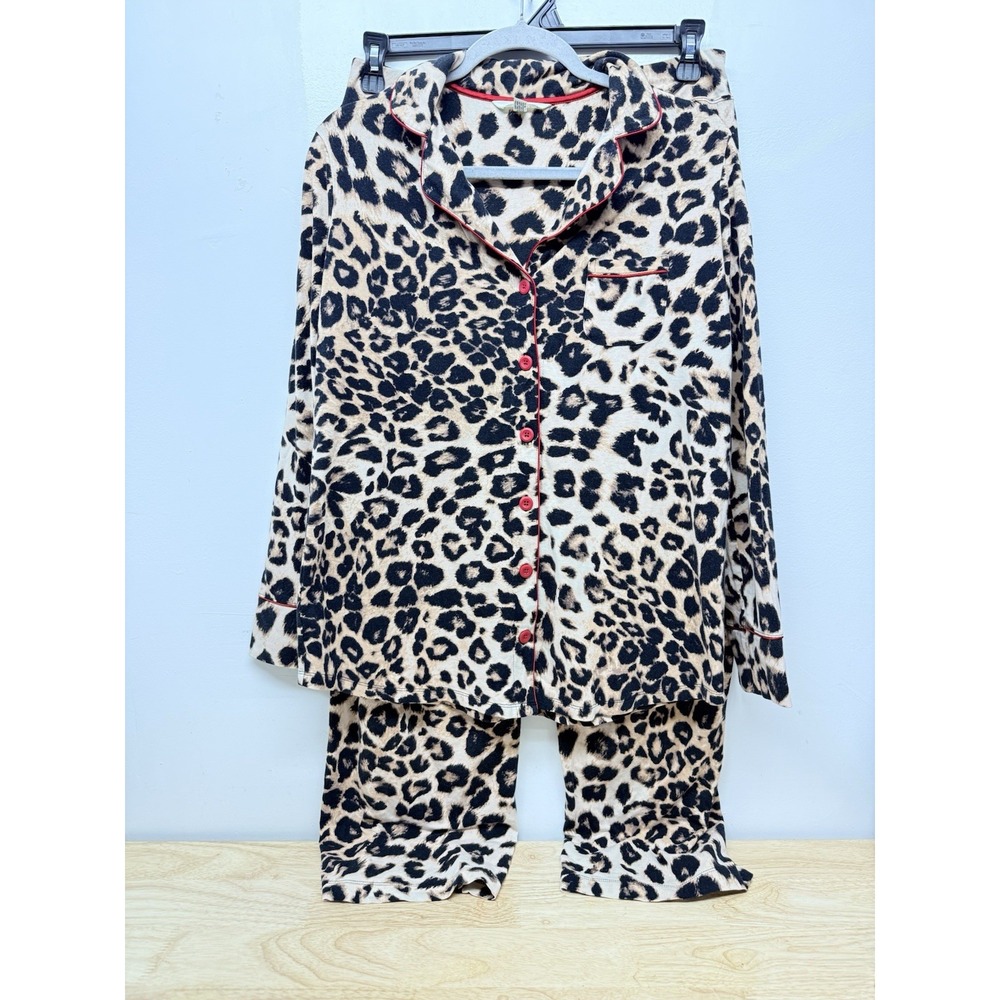Soma Pajama Set Leopard Cotton Modal Button Long Sleeve Sleepwear Medium #56